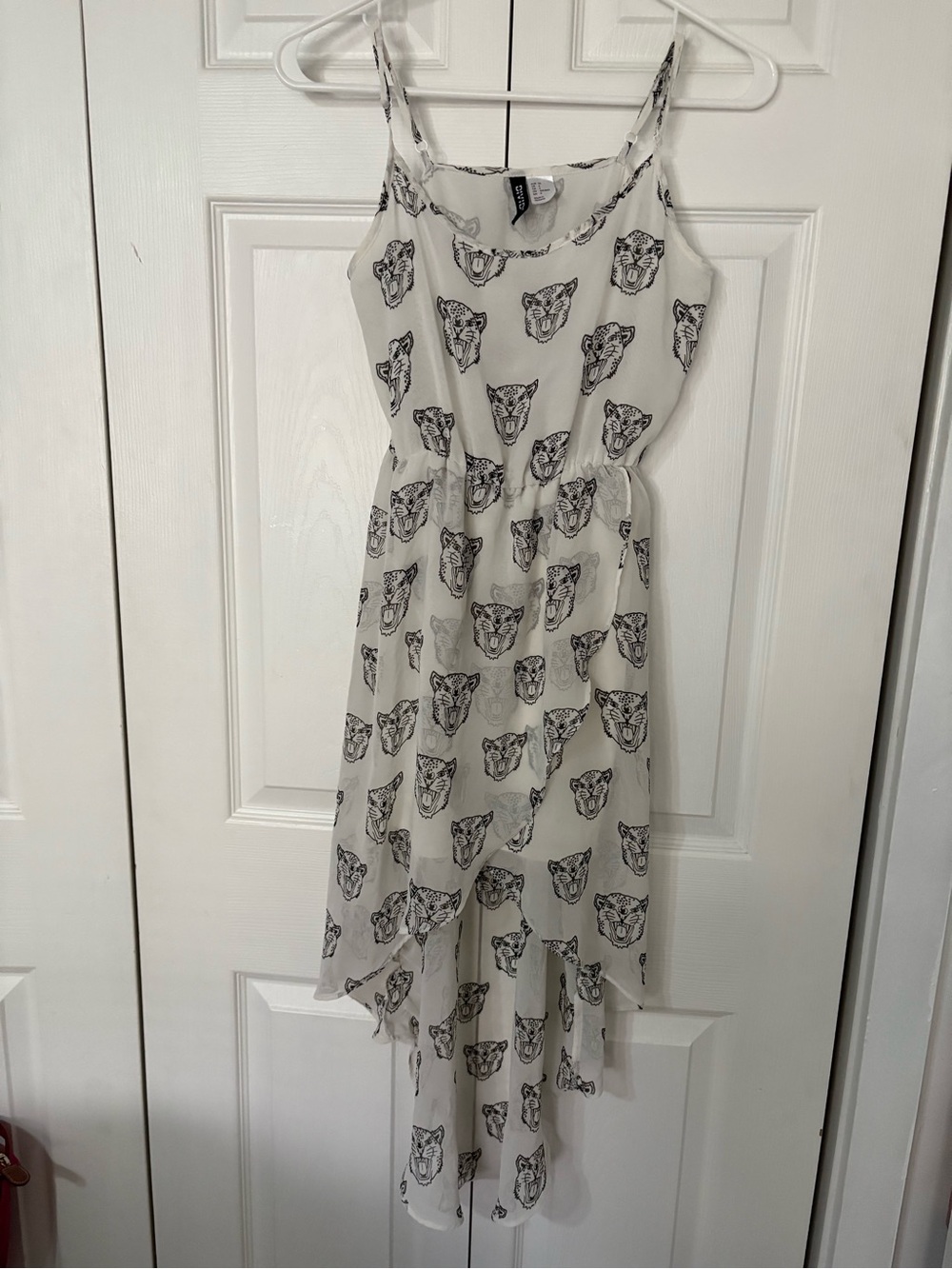 Divided White High-Low Slip Dress with Black Leopard Print